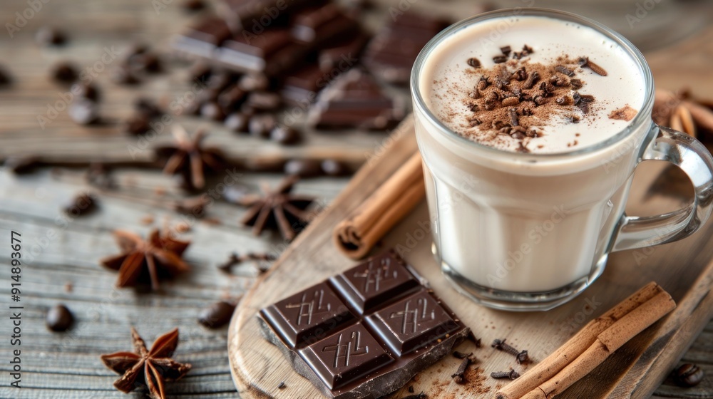 Glass of Creamy Cocoa with Chocolate, Cinnamon, and Star Anise Glass of Creamy Cocoa with Chocolate, Cinnamon, and Star Anise