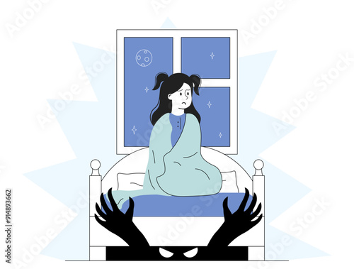 Girl with monster under bed. Child afraid of shadow of huge hands in bedroom. Mental and psychological problems. Kid with insomnia. Linear vector illustration