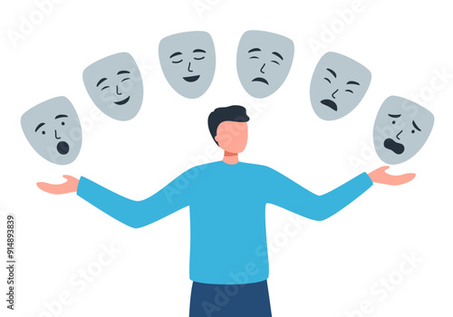 Man with emotion masks. Faceless guy hiding real feelings. Mental health and psychological problems.