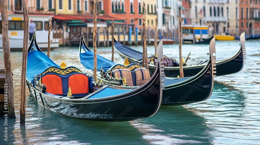 Fototapeta premium Venice, Italy: Gondolas lined up on the Venice waterfront under sunny skies. A picturesque scene capturing the essence of tourism and travel.