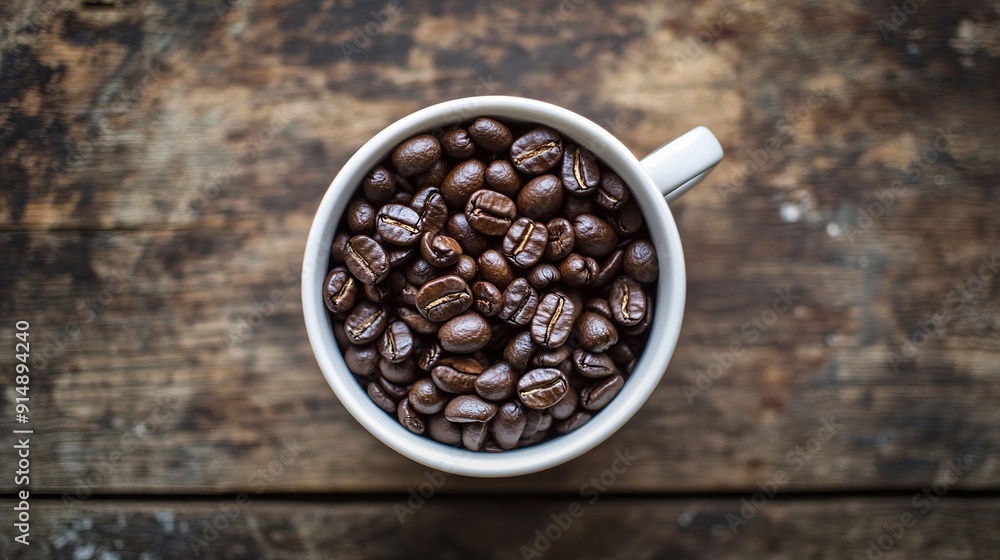 Fototapeta premium A white cup filled with coffee beans on a rustic wooden table. Top view.