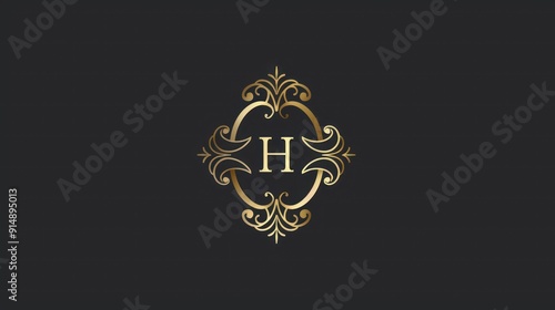 Golden Ornamental Frame with Letter H Monogram