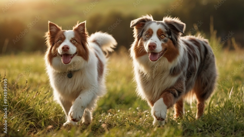 group of dogs playing in the park | Happy australian shepherd dog walking with a cute cat on a green field with natural sunlight group of dogs playing in the park | Happy australian shepherd dog walking with a cute cat on a green field with natural sunlight