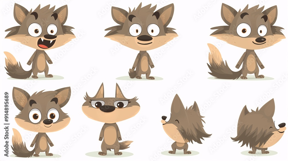 Fototapeta premium Whimsical Wolf Pack: A collection of six adorable cartoon wolves with expressive eyes and playful poses. Great for children's books, animations, and whimsical designs. 