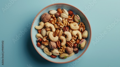 A Bowl of Mixed Nuts on a Blue Background