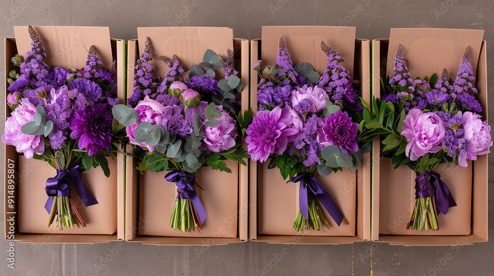 A box containing several purple flowers is adorned with purple ribbons and purple flowers decorate the sides of the container A box containing several purple flowers is adorned with purple ribbons and purple flowers decorate the sides of the container