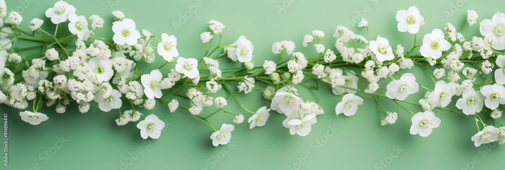 Fototapeta premium Small white gypsophila flowers on pastel green background