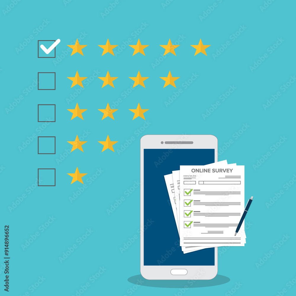 Five stars rating. Customers review and positive feedback. Online survey concept. Five stars rating. Customers review and positive feedback. Online survey concept.