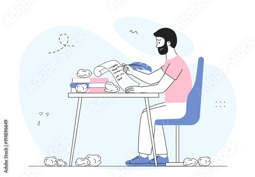 Man without inspiration. Sad writer sits at table with pen and paper. Young guy doesnt know what to write. Procrastination and frustration. Linear vector illustration