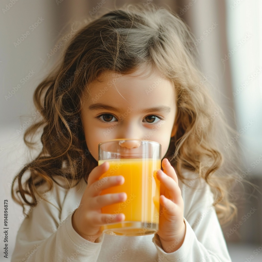 Young Girl Drinking Orange Juice Indoors During the Day Young Girl Drinking Orange Juice Indoors During the Day
