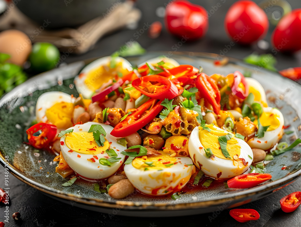 Spicy Egg Salad with Chili Peppers and Herbs - Food Photography Spicy Egg Salad with Chili Peppers and Herbs - Food Photography