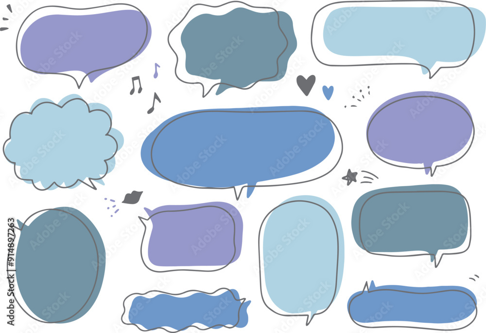 Fototapeta premium ゆるい手描きのブルーのふきだしセット