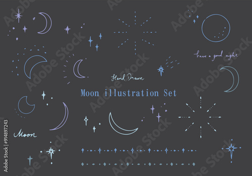 キラキラしたブルーの月のイラストセット
