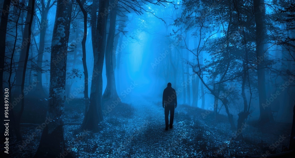 Solitary Figure Walking Through a Misty Blue Forest Solitary Figure Walking Through a Misty Blue Forest
