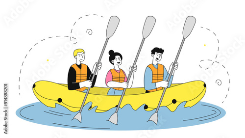 People in boat. Man and woman in life jacket swimming in river or lake. Active lifestyle and extreme sport. Summer rafting and kayaking. Linear vector illustration