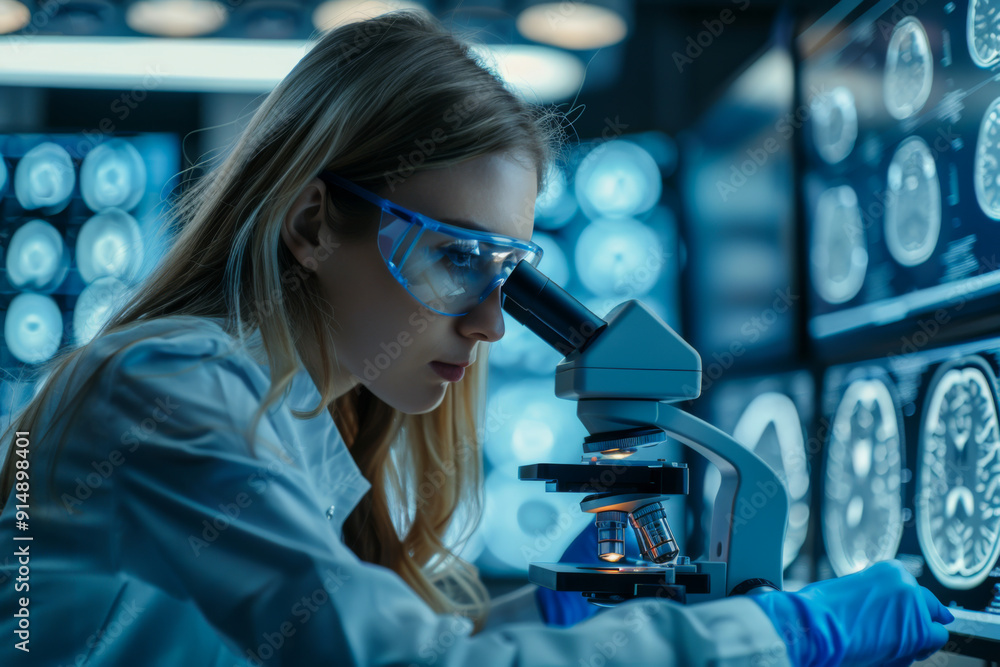 Young woman analyzing human brain microscope slide under microscope while sitting with scientists in background at laboratory Young woman analyzing human brain microscope slide under microscope while sitting with scientists in background at laboratory
