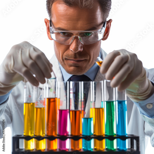 researcher in white coat with white gloves measure material in a test tube