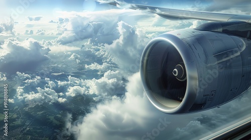 Airplane Engine and Clouds from Window View photo