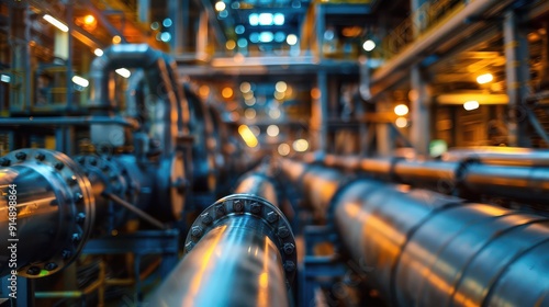 Close-up of industrial pipelines in a modern factory, showcasing the complexity and scale of manufacturing processes.