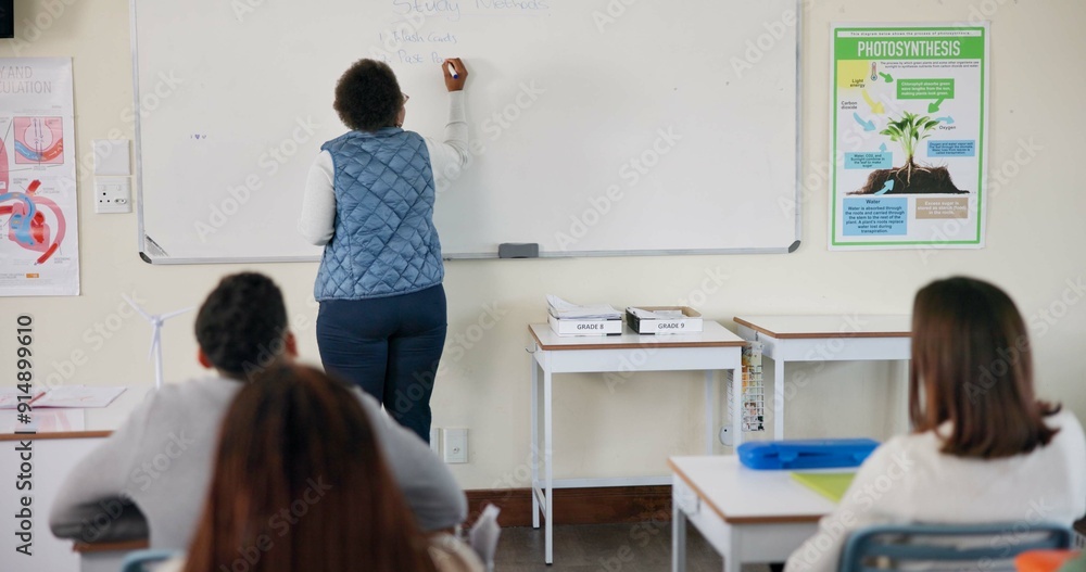 Obraz premium Education, teacher and writing on whiteboard in high school, biology and lesson for learning and development. Female person, classroom and presentation for study method, science project and students