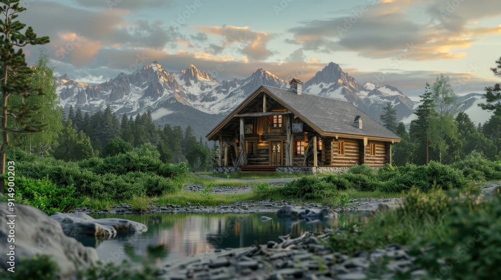 Create a 3D model of a serene mountain cabin. What details, such as surrounding nature and cabin features, enhance the peaceful setting? Create a 3D model of a serene mountain cabin. What details, such as surrounding nature and cabin features, enhance the peaceful setting?