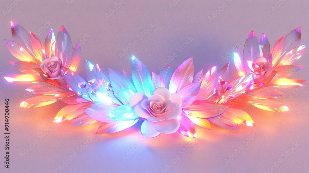 A close-up of a flower and leaves on a white surface, illuminated by a blue and pink light in the background A close-up of a flower and leaves on a white surface, illuminated by a blue and pink light in the background