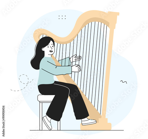 Girl playing harp. Woman musician performs on stage. Talented artist with musical string instrument. Hobby and leisure. Child repeats melody. Linear vector illustration