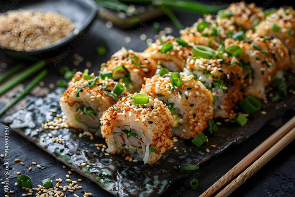 Sushi Rolls with Sesame Seeds and Green Onions - Food Photography Sushi Rolls with Sesame Seeds and Green Onions - Food Photography
