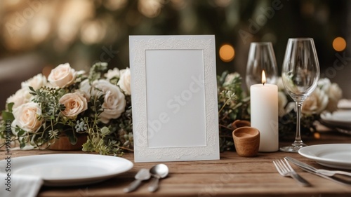 table setting with flowers | Table place setting blank menu card mockup or reserve in wedding invite and special event
