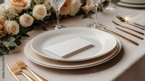 table setting with flowers | Table place setting blank menu card mockup or reserve in wedding invite and special event
