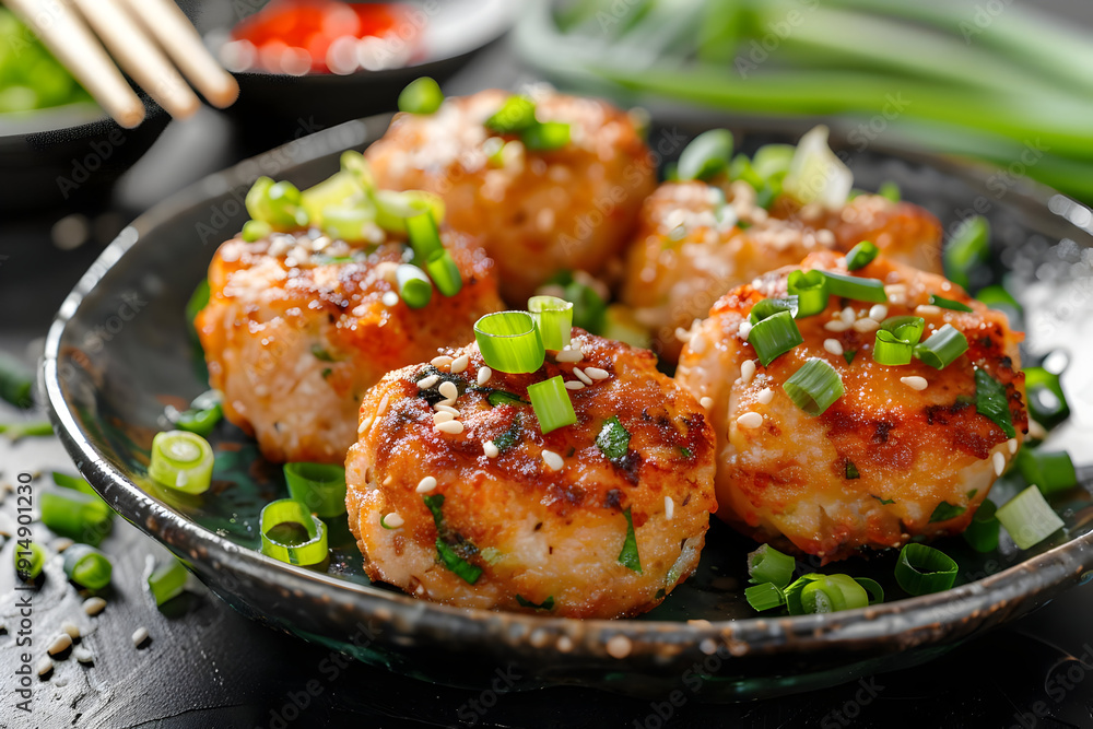 Fried Fish Cakes with Sesame Seeds and Green Onions - Food Photo Fried Fish Cakes with Sesame Seeds and Green Onions - Food Photo