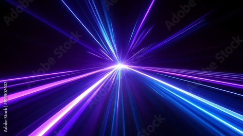 A 3D render showcases bluepurple speed light lines through a dark background illustrating an abstract fast highway path and hyperspeed warp in space