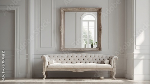 modern bathroom interior with floor | The photo shows a large mirror in a white frame standing in a room with white walls