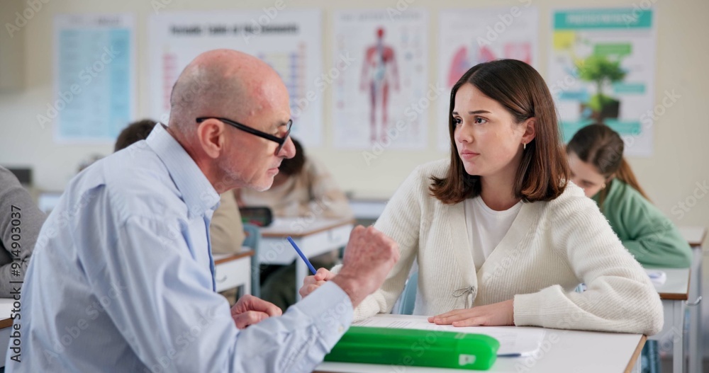 Man, professor and girl at desk for education, question and help with information in classroom. Male teacher, student and discussion at table for shared knowledge, life science lesson and assistance Man, professor and girl at desk for education, question and help with information in classroom. Male teacher, student and discussion at table for shared knowledge, life science lesson and assistance