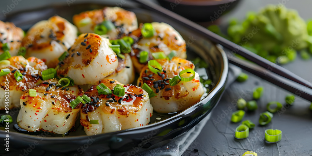 Close-up Photo of Seared Scallops with Sesame Seeds and Green Onions Close-up Photo of Seared Scallops with Sesame Seeds and Green Onions