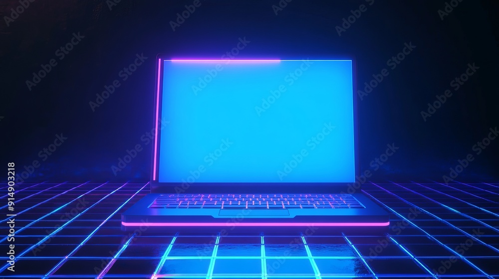 A portable neon computer with a blank screen sits on a desk in a dark room with blue lighting This striking image of a laptop with neon blue light on a digital grid represents cuttingedge A portable neon computer with a blank screen sits on a desk in a dark room with blue lighting This striking image of a laptop with neon blue light on a digital grid represents cuttingedge