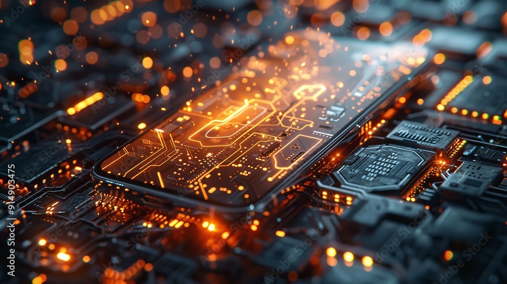 Close-up view of a futuristic circuit board with glowing lights, showcasing advanced technology and intricate electronic components Close-up view of a futuristic circuit board with glowing lights, showcasing advanced technology and intricate electronic components