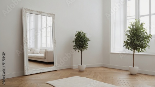 modern bathroom interior with floor | The photo shows a large mirror in a white frame standing in a room with white walls