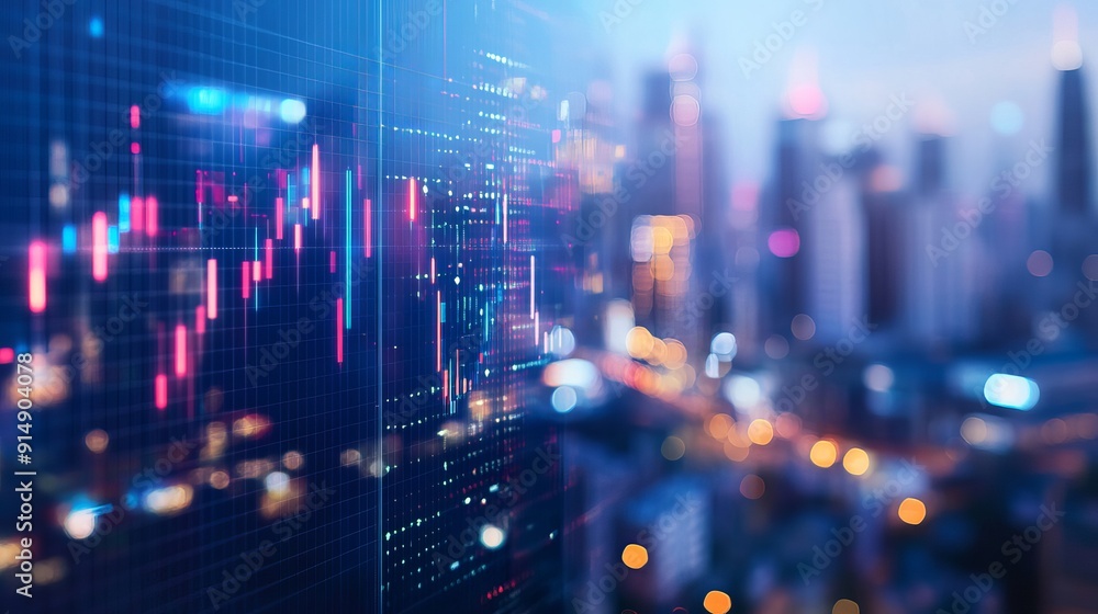 An abstract glowing big data forex candlestick chart overlays a blurry city backdrop symbolizing trade technology investment and analysis through double exposure