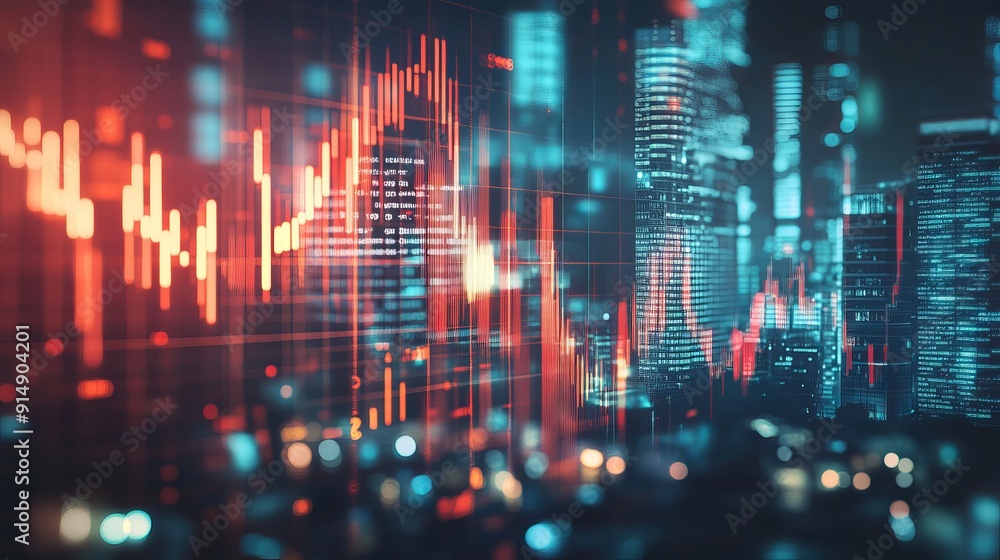 An abstract glowing big data forex candlestick chart overlays a blurry city backdrop symbolizing trade technology investment and analysis through double exposure An abstract glowing big data forex candlestick chart overlays a blurry city backdrop symbolizing trade technology investment and analysis through double exposure