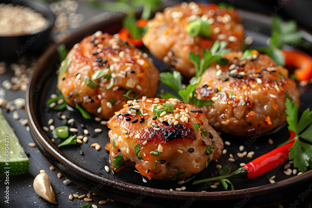 Closeup of Sesame Seed Crusted Chicken Patties Photo Closeup of Sesame Seed Crusted Chicken Patties Photo