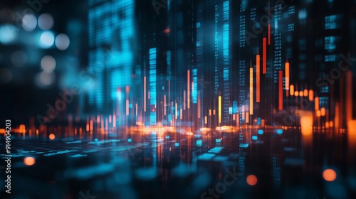 An abstract glowing big data forex candlestick chart overlays a blurry city backdrop symbolizing trade technology investment and analysis through double exposure