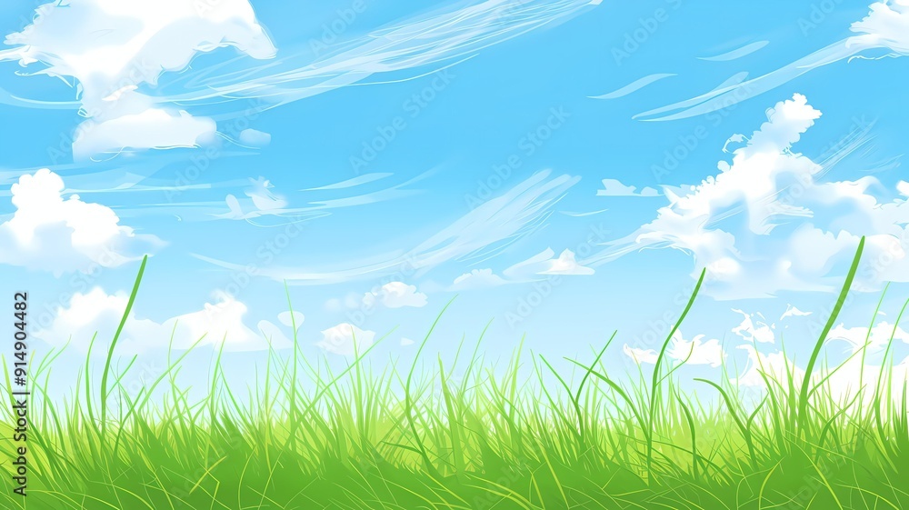 Serene Nature Landscape with Lush Green Grass and Blue Sky, Whimsical Illustration of Calm Rural Scenery Serene Nature Landscape with Lush Green Grass and Blue Sky, Whimsical Illustration of Calm Rural Scenery
