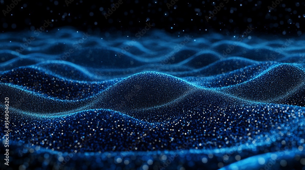 An image features horizontal lines of blue particles forming an undulating 3D landscape on a black background representing communication technology and an abstract digital interface An image features horizontal lines of blue particles forming an undulating 3D landscape on a black background representing communication technology and an abstract digital interface