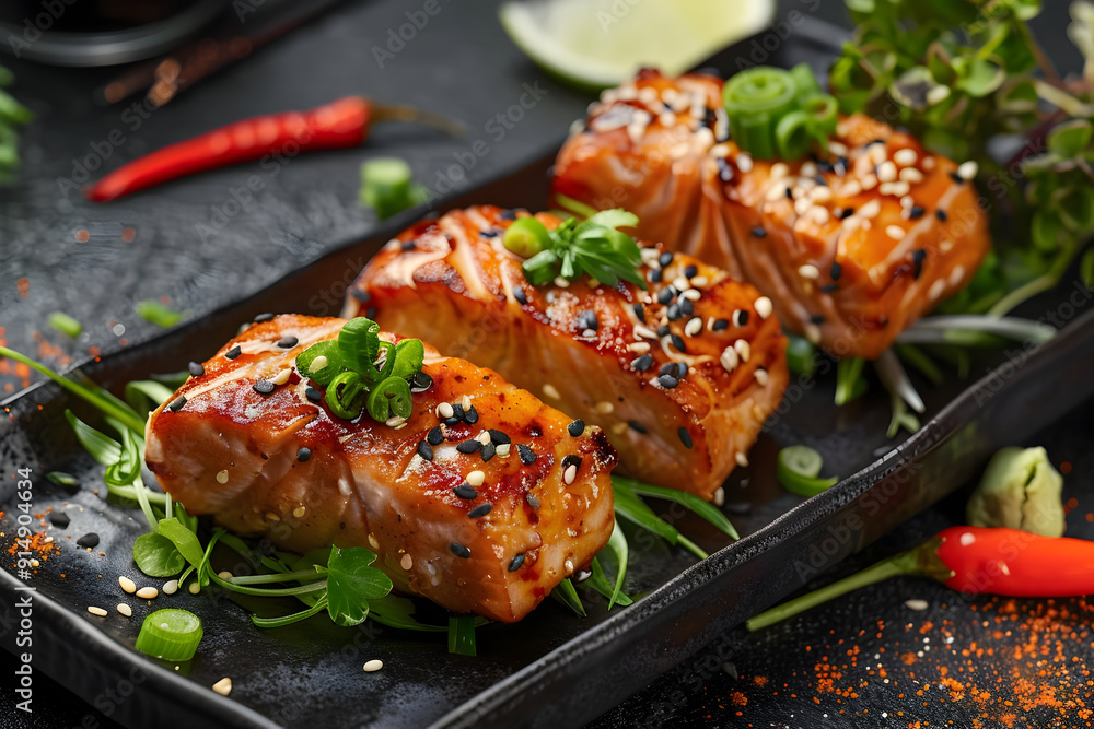 Grilled Salmon with Sesame Seeds and Green Onions - Food Photography Grilled Salmon with Sesame Seeds and Green Onions - Food Photography