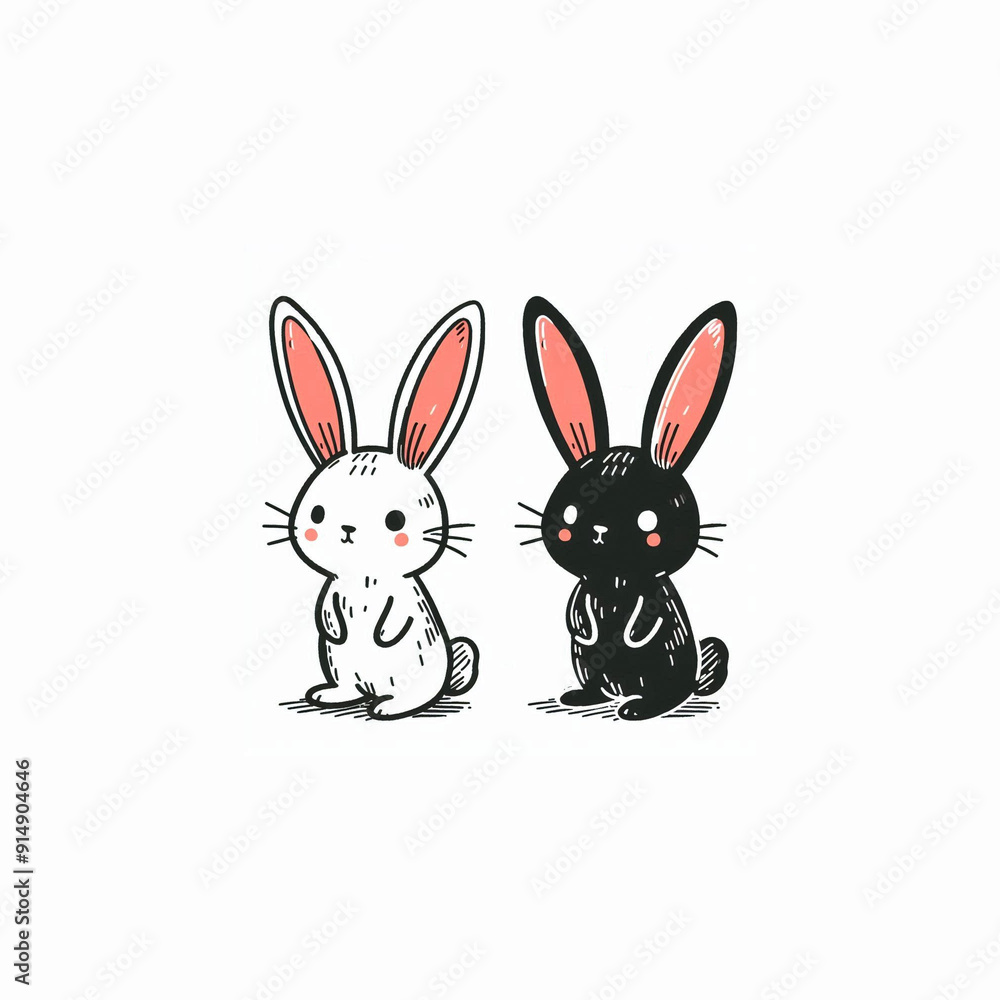 A rabbit drawn using simple black lines. A black and a white rabbit. A rabbit drawn using simple black lines. A black and a white rabbit.
