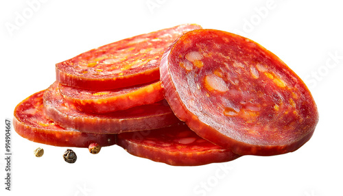 Sliced chorizo showcased with vibrant color and rich texture, perfect for culinary presentations and gourmet dishes.