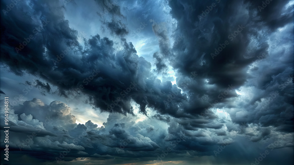 Obraz premium Dark storm clouds gather ominously in the sky as dusk approaches, creating a dramatic atmosphere over the open landscape below