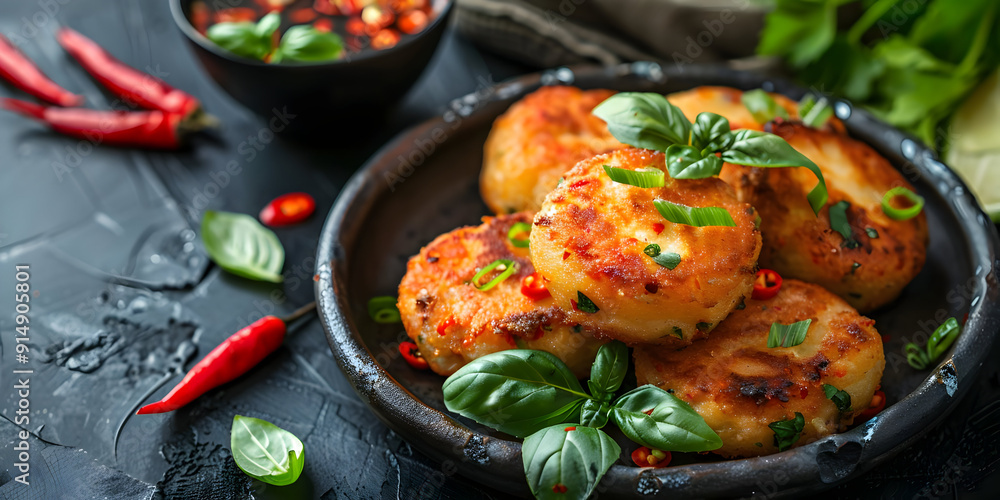 Crispy Fried Potato Patties with Basil, Chili, and Green Onion - Food Photography Crispy Fried Potato Patties with Basil, Chili, and Green Onion - Food Photography