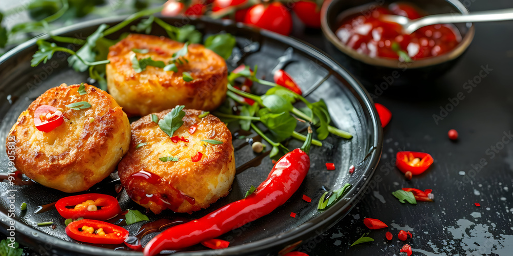 Fried Cheese Cakes with Chili Peppers and Sauce - Food Photography Fried Cheese Cakes with Chili Peppers and Sauce - Food Photography